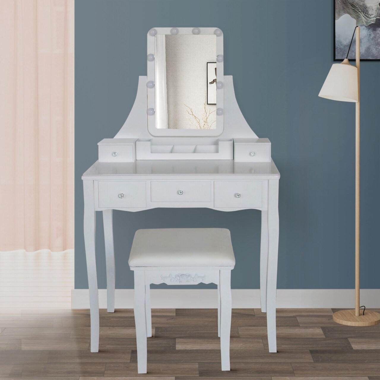 Saltoro Sherpi 32 Inch 3 Piece Vanity Desk Set with LED Lights, 5 Drawers, Cushioned Stool, White Solid Wood-